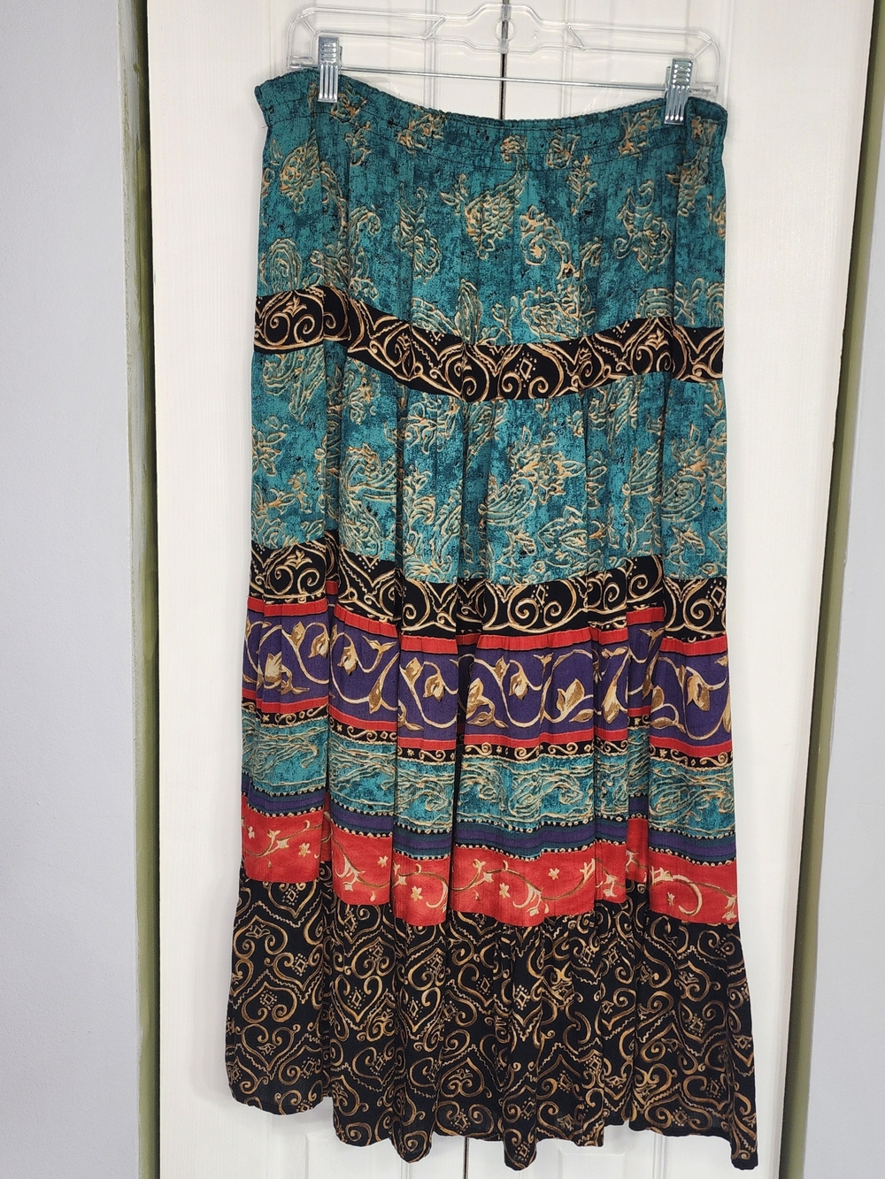 Carole Little Teal Tiered Maxi Skirt with Multicolor Border